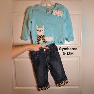 6-12M Gymboree Blue Llama Sweater and Dark Jeans Leopard Set